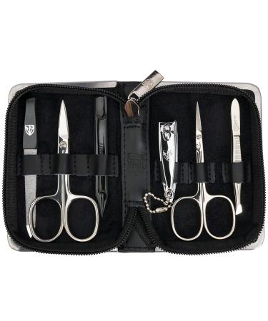 3 Swords Germany - brand quality 6 piece manicure pedicure grooming kit set for professional finger & toe nail care scissors clipper genuine leather case in gift box Made in Solingen Germany (6325) BLACK - REAL LEATHER