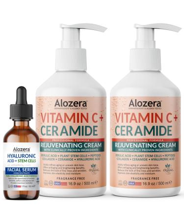 Alozera Vitamin C Body Lotion (2-Pack) and Hyaluronic Acid Serum with Ceramides and Stem Cells Hydrating and Rejuvenating Skincare Duo for Face, Neck and Body, Lightweight, Fragrance-Free, Made in U