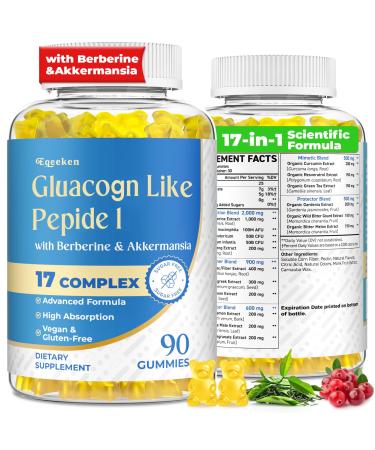 Gluacogn Like Pepide 1 for Women & Men | 17-in-1 Scientific Formula Gluacogn Like Pepide 1 with Akkermansia & Berberine for Nutrient Absorption Metabolism Digestion & Gut 0 Sugar 90 Gummies
