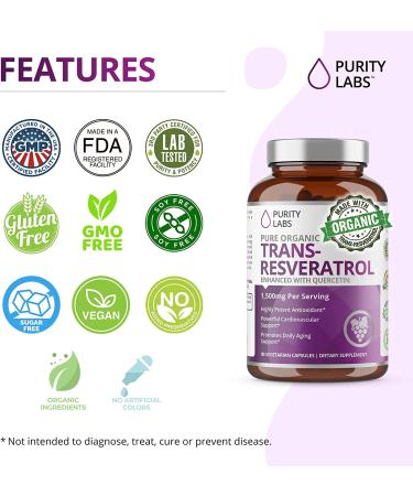 Purity Labs Organic Trans-Resveratrol - Vegan Heart & Skin Supplement - 90 Capsules - Buy Online on GoSupps.com