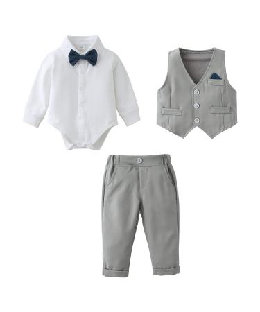 Amissz Baby Boy Clothes Outfit Suits 3-18 Months Infant Gentleman Long Sleeve Romper Jumpsuit+Pants+Bow Tie Formal Tuxedo Clothing Set for Boys 12-18 Months Grey
