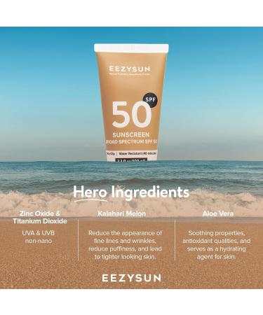 EEZYSUN Mineral SPF 50 Sunscreen | Infused with Aloe Vera | Vegan and Cruelty-Free | Hawaii 104 Reef Act Compliant | Broad Spectrum with UVA/UVB Protection | Natural & Non-Oily | 3.3 FL OZ - Buy Online on GoSupps.com