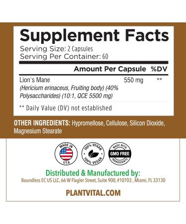 Plantvital Lions Mane Supplement - Organic Lion's Mane Mushroom Capsules 11 000mg (10:1 Extract) with 40% Polysaccharides - Immune System and Normal Brain Support Nootropic -2 Month Supply- 120 Count - Buy Online on GoSupps.com