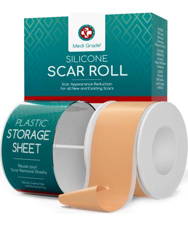 Medi Grade Silicone Scar Sheets 80 Inches Long - Reusable Silicone Scar Tape for C-Section Keloid Burn Acne and Surgical Scars - Silicone Scar Strips - Includes Hygienic Storage Case/Sheet
