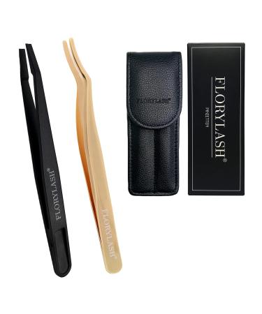 Florylash |2 tweezers set-2 pieces fake & magnetic eyelashes precision tweezers 1 curved stainless steel and 1 straight plastic tweezers