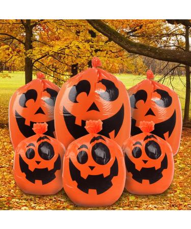 DERAYEE 6Pcs Halloween Pumpkin Lawn Bags, Large Jack O Lantern Leaf Bags Plastic Trash Bags with Twist Ties for Halloween Yard Decorations Outdoor