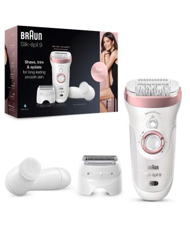 Braun Silk-épil 9-880 Epilator for Long-Lasting Hair Removal Includes a Facial Cleansing Brush High Frequency Massage Cap Shaver and Trimmer Head Cordless Wet and Dry Epilation for Women