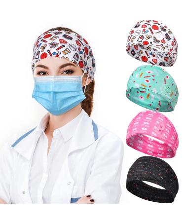 4 Pieces Headbands with Buttons for Nurses Women, Face Covering Headbands Bandanas for Ear Protector Head Wraps Elastic Hairband for Nurse's Day Gift (Background in Black, Pink, White)