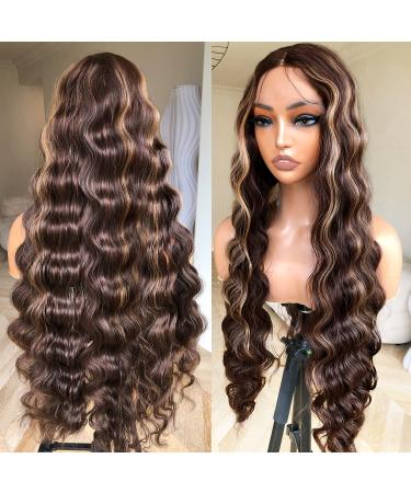 BlackSwern 30 Honey Blonde Highlight Deep Wave Lace Front Wig - HD Lace, Pre Plucked, Glueless - 30 Long Ombre Crimps Hair Synthetic Wig for Black Women - Buy Online on GoSupps.com