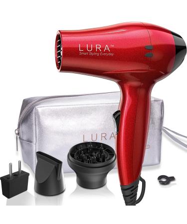LURA Travel Hair Dryer with Diffuser and Concentrator:Mini Blow Dryer with European Plug,Small Dual Voltage Portable Hairdryer with Travel Bag ,Compact Lightweight 1200W Blowdryer for Men and Kids Cola Red