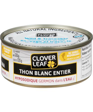 Clover Leaf Solid White Tuna Low Sodium Albacore In Water - 170g 24 Count - Canned Tuna - Excellent Source Of Protein - 16g Of Protein Per 55g Serving Drained - 100% Wild-Caught and Traceable Tuna - Buy Online on GoSupps.com