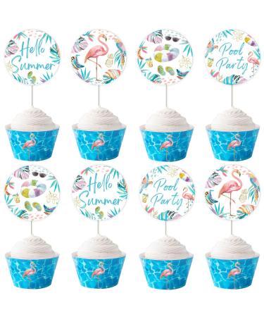 Cheereveal 24 Pieces Pool Party Cupcake Toppers Blue Summer Beach Flamingo Swimming Rings Cupcake Picks Hello Summer Tropical Hawaiian Theme Baby Shower Gender Reveal Birthday Decorations Supplies