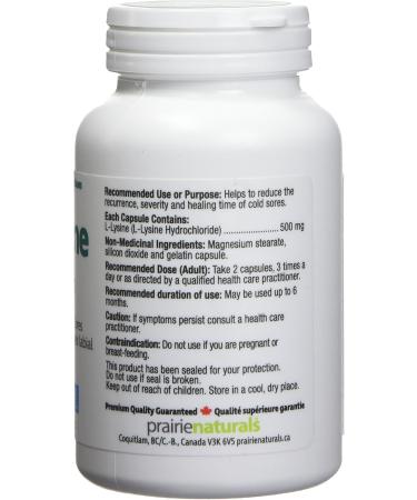 Prairie Naturals Lysine 500mg- 90 capsules- helps to reduce the recurrent of herpes simplex virus(HSV) infection (i.e.: cold sores) and is an essential amino acid. Lysine also helps in collagen formation. Non-GMO Gluten Free - Buy Online on GoSupps.com