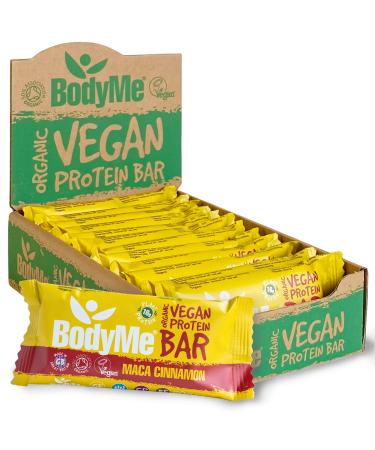 BodyMe ORGANIC Vegan Protein Bar | Raw Maca Cinnamon | 12 x 60g Vegan Protein Snack Bars | Gluten Free | 16g Complete Protein | 3 Plant Proteins | All Essential Amino Acids | High Protein Vegan Snacks Maca Cinnamon 12 Count (Pack of 1)