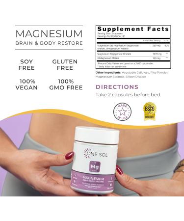 One Sol Magnesium 1378 mg Dual Source Magnesium Bisglycinate for Sleep Relaxation and Full Body Recovery High Absorption Vegan Non-GMO Gluten & Soy-Free Made in USA 60 Capsules - Buy Online on GoSupps.com