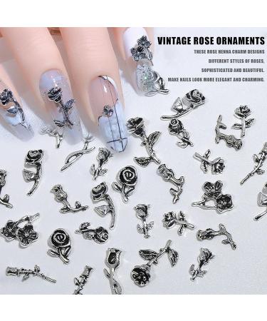3D Flower Nail Charms 100CPS Mixed Rose Flower Metal Nail Gems Studs Retro Nail Art Decorations Ornaments for Nail Design Supplies Jewelry Accessories (Vintage Silver) - Buy Online on GoSupps.com