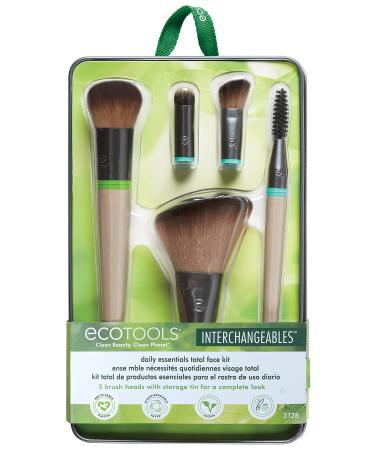 EcoTools Daily Essentials Face Kit Interchangeables Makeup Brush Set with 5 Brushes, 2 Handles, and Storage Tin Interchangebles Daily Essentials Makeup Brush Set, 5 Pieces