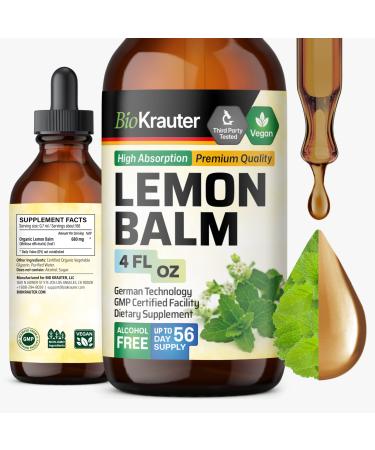 BIO KRAUTER Lemon Balm Tincture 680 mg Melissa Officinalis - Pure Vegan Lemon Balm Extract 4 Fl.Oz 56 Days of Supply - Natural Calming & Sleep Support - Alcohol & Sugar Free - Digestion & Relaxation 4 Fl Oz (Pack of 1)