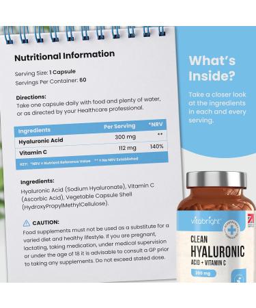 Hyaluronic Acid Capsules 300mg - Premium Grade 500-700kDa - 60 Capsules - With Vitamin C - Natural Moisturizer - Made in UK - Buy Online on GoSupps.com