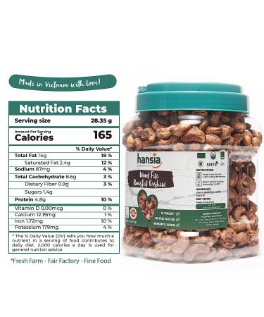 Hansia Organic Wood Fire Sea Salted Cashews with Skin - 2.2 lb - Whole Dry Roasted Non-GMO Nuts with Magnesium, Fiber, Protein, Vitamin & Iron - Oil-Free Snack - Buy Online on GoSupps.com