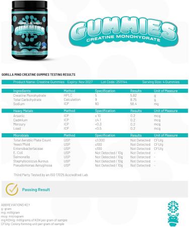 Gorilla Mind Creatine Gummies - Third-Party HPLC Tested | 5g Creapure Creatine Monohydrate | Verified Potency & Purity | Strength Power Lean Muscle | No Added Sugar | Blue Raspberry Flavor - Buy Online on GoSupps.com
