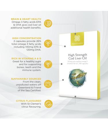 Healthspan Cod Liver Oil 570mg | 360 Capsules | High Omega 3 Fatty Acids for Brain, Heart, Eyes & Bones Support - Buy Online on GoSupps.com