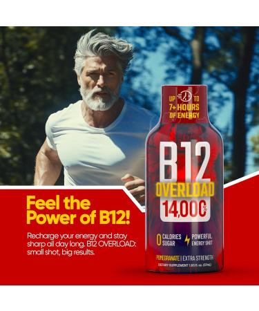 B12 Overload Extra Strength Energy Shot Pomegranate 260mg Caffeine 14000% B12 Electrolytes Energy & Vitality Support Zero Sugar No Calories Vegan Kosher Gluten-Free 1.93 fl oz 12-Pack Pomegranate 12-Pack - Buy Online on GoSupps.com