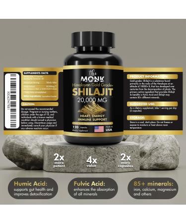 Organic Shilajit Capsules - 20 000mg Gold Grade Plus with Fulvic & Humic Acid | 120 Capsules for Energy Stamina & Brain Support - Made in the USA - Buy Online on GoSupps.com