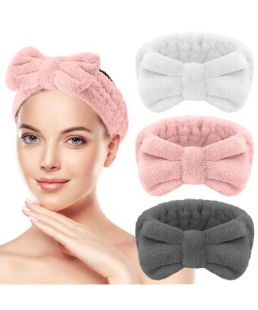 QEYMN Spa Headband For Washing Face 3 Pack Facial Makeup Headband Bowtie Hair Band Skincare Headbands for Women Girls Soft Microfiber Coral Fleece Face Wash Headband(White+Light Orange+Dark Grey) White+Light Orange+Dar...