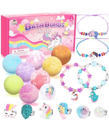 Bath Bombs for Kids with Surprise Inside, 8 Pack Bath Bomb Gift Set with Unicorn Mermaid Rings Bracelets, Handmade Bubble Spa Bath Fizzies Set, Bath Bombs with Jewelry for Women Girls Birthday Gift