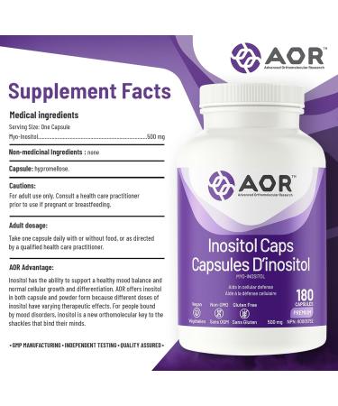 AOR Inositol Caps 500mg 180 Capsules - Myo-Inositol Supplement for Mental Well-Being & Cognitive Support - Promotes Healthy Brain Function & Cell Communication - Supports Women's Hormonal Balance 180 count (Pack of 1) - Buy Online on GoSupps.com