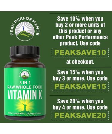 Peak Performance Raw Whole Food Vitamin K Capsules - Vegan Supplement with USA Sourced Vitamins K1, K-2 MK4, K2 Natto MK7 - 25 Vegetables + Fruits for Max Absorption - Buy Online on GoSupps.com