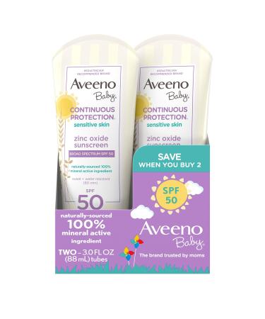 Aveeno Baby Continuous Protection Zinc Oxide Mineral Sunscreen Lotion for Sensitive Skin, Broad Spectrum SPF 50, Paraben- & Tear-Free, Sweat- & Water-Resistant, Travel-Size, 2 x 3 fl. oz