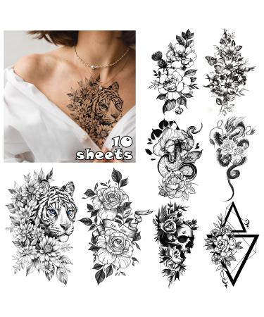 Cerlaza Temporary Tattoos for Women Adults  Half Arm Sleeve Tattoos Semi Permanent Waterproof Tatuajes Temporales Women  Long Lasting Realistic Sexy Flower Snake Butterfly Tiger Tattoos-10 Sheets