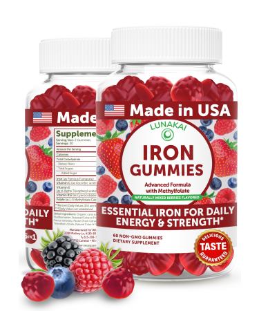 Lunakai USA Made Vegan Iron Gummies with Vitamin C E B12 & Folate Daily Chewable Iron Supplement for Women Men Kids & Pregnancy 60ct