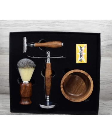 Men's Shaving & Grooming Set | Double Edge Safety Razor Synthetic Hair Brush Wooden Stand - Perfect Gift for Gentlemen - Buy Online on GoSupps.com