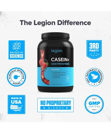 Legion Casein+ Strawberry Pure Micellar Casein Protein Powder - Non-GMO Grass Fed Cow Milk - Natural Flavors & Stevia - Low Carb, Keto Friendly - Slow Release Muscle Recovery Drink - 2lb - Buy Online on GoSupps.com