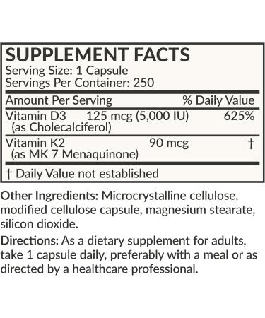Futurebiotics Vitamin K2 (MK7) with D3 Supplement - Non-GMO Formula - 5000 IU Vitamin D3 & 90 mcg Vitamin K2 MK-7 250 Vegetarian Capsules 250 Count (Pack of 1) - Buy Online on GoSupps.com