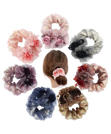 inSowni 7 Pack Glitter Crystals Pearls Rose Flower Stretchy Lace Hair Scrunchies Ties Elastics Rubber Bands Hairbands Ponytail Holders Floral Headbands Accessories for Women Girls Thick Thin Hair