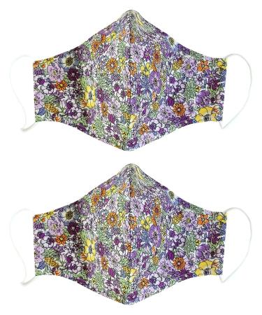 2Pack 100% Cotton Reusable Washable Adjustable Metal Strip Face Mouth Mask Double Layer Anti-Dust Fashion Flower Outdoor Cloth Cover Violet