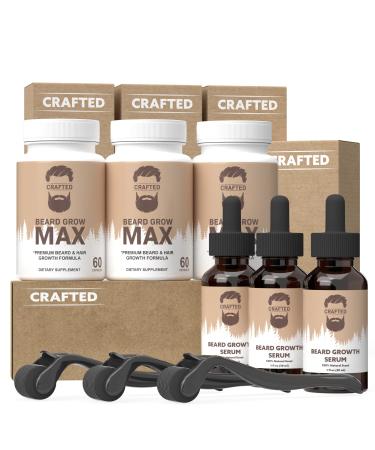 Crafted Beard Growth Kit - The Best Beard Growth Kit - Grow A Thicker Fuller Beard - 3x Beard Growth Oil, 3x Beard Roller, 3x Beard Growth Vitamins (3 Month Kit) 9 Piece Set