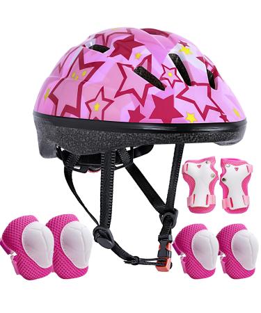 Asslen Kids Bike Helmet Suitable for Ages 3-8 Years Boys Girls, Adjustable Toddler Helmet with Knee Elbow Pads Wrist Guards Sports Protective Gear Set for Bike Bicycle Skateboard Scooter Pink Star