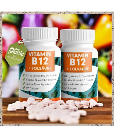 High-Dose Vitamin B12 Tablets - 365 Vegan Tablets with 500 g B12 & 200 g Folic Acid Methylcobalamine & Quatrefolic for Optimal Health - Buy Online on GoSupps.com