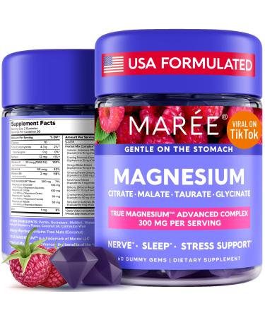 MAREE Magnesium Gummies for Calm & Relax - Vitamin D3 K2 & B6 Complex with Magnesium Glycinate Citrate Taurate & Malate for Immune System Support 60 Gummy Gems Raspberry 60 Count (Pack of 1)
