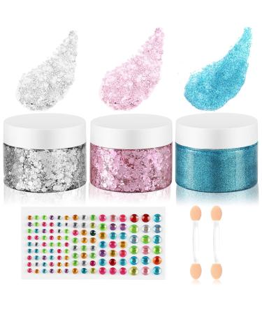 Creamify Face Body Glitter Gel - 3 Colors Pink and Silver Chunky Glitter Gel & Blue Fine Glitter Gel with Gems Sticker  Rave Accessories Hair Glitter Body Shimmer  Adhesive Sequins Mermaid Makeup  65g