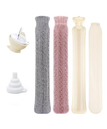 Heat bottle long HomeWit heat bottle hose with 2 pieces of chenillegarn cover - silver gray & dark pink elongated hot water bottle 2 liters - XXL heat bottles for shoulder neck and bed bottle model -gray and pink