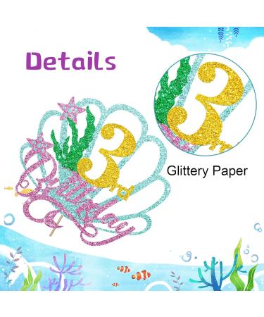 Mermaid Three Cake Topper Happy 3rd Birthday Cake Decor for Baby Girl Little Mermaid Birthday Party Decoration Under the Sea Themed Party Supplies - Gold Glitter - Buy Online on GoSupps.com