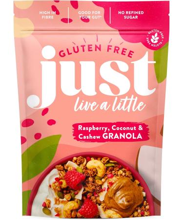 Just Live a Little Gluten Free Granola | 5 x 360g packs | Vegan Granola No Added Sugar (Raspberry Coconut & Cashew Granola) - Buy Online on GoSupps.com