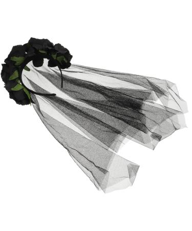 Artibetter Halloween Rose Flower Headband Halloween Black Veil with Rose Flower Crown Halloween Rose Flower Headband with Long Black Veil Makeup Veil Halloween Hair Accessories