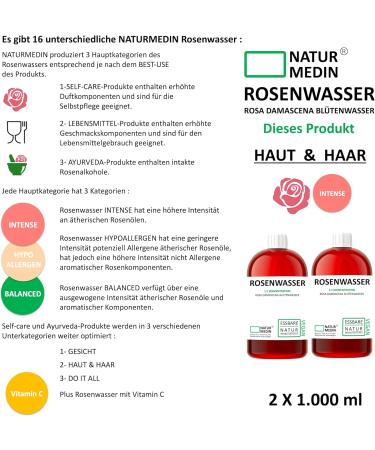 Rose Water Intense 2000 ml (2 x 1000 ml) - 100% Natural Edible Skin & Hair Care | NATURMEDIN  - Buy Online on GoSupps.com